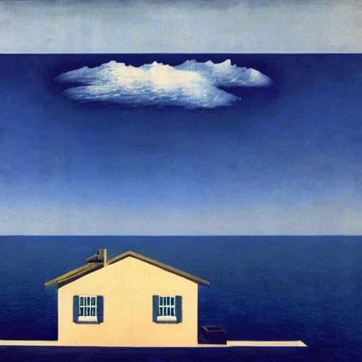 Prompt: a house floating in the middle of an ocean, by Rene Magritte