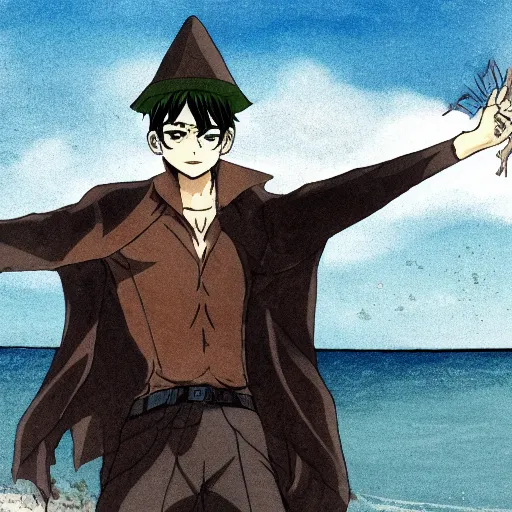 Prompt: Eren Jeager pointing at the sea wearing a fancy hat