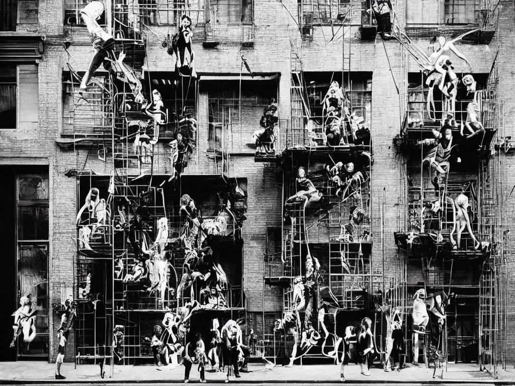 Prompt: “night color flash photography of punk and goth kids hanging from scaffolding and in various poses in front of shuddered NYC stores photographed by Cindy Sherman”