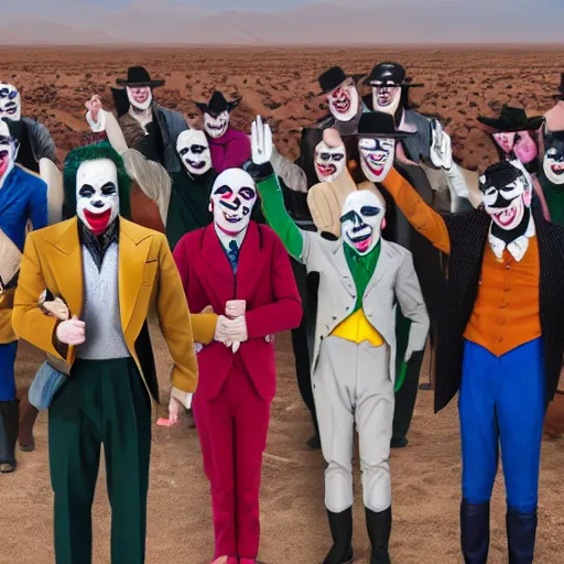 Image similar to a crowd of jokers from joker (2019) standing next to each other with their hands clasped below their belts in the desert, 8k, cinematic, dslr,