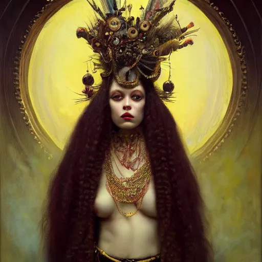 Image similar to highly detailed oil painting | very intricate | cinematic lighting | the voodoo priestess dressed very elaborate | by roberto ferri, by tom bagshaw, by j. c. leyendecker and klimt, beautiful cinematic light, american romanticism, by austin osman spare, artstation, cgsociety, official art, octane