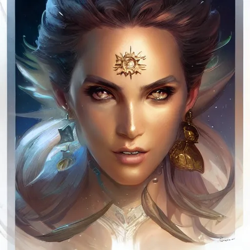 Image similar to star goddess, d & d, fantasy, portrait, highly detailed, digital painting, trending on artstation, concept art, sharp focus, illustration, art by artgerm and greg rutkowski and magali villeneuve