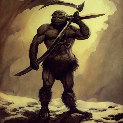 Image similar to anthropomorphic turtle barbarian humanoid by frank frazetta, carapace, blizzard, winter, night, furs, fantasy