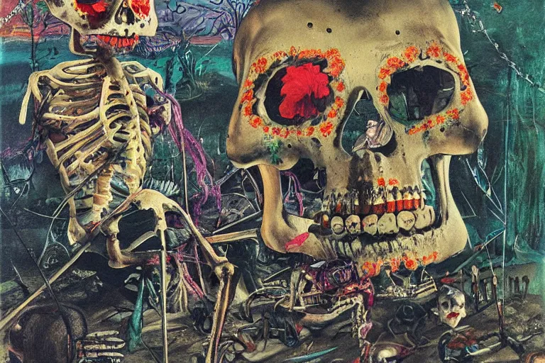 Image similar to scene from fishing, day of the dead, cyber skeleton, neon painting by otto dix