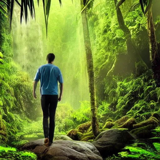 Image similar to 4 k realistic photo of a man walking through a jungle, lush rainforest, waterfall in the background,