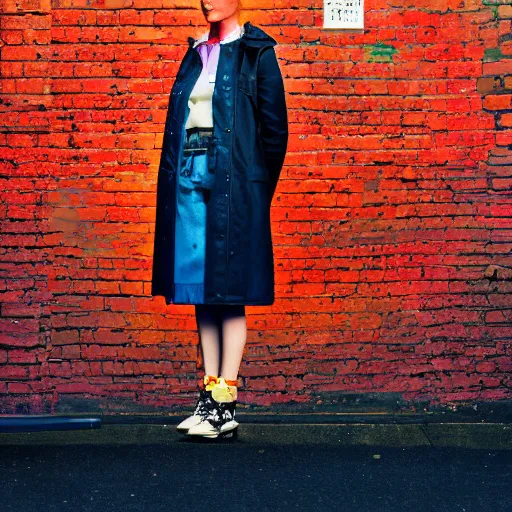 Prompt: un ultra high definition editorial photographic portrait of a female designer standing outside her unique red brick london art studio wearing all eclectic clothes. wide angle. three point light. golden hour, golden ratio, ray tracing, volumetric light and shadow, shallow depth of field.