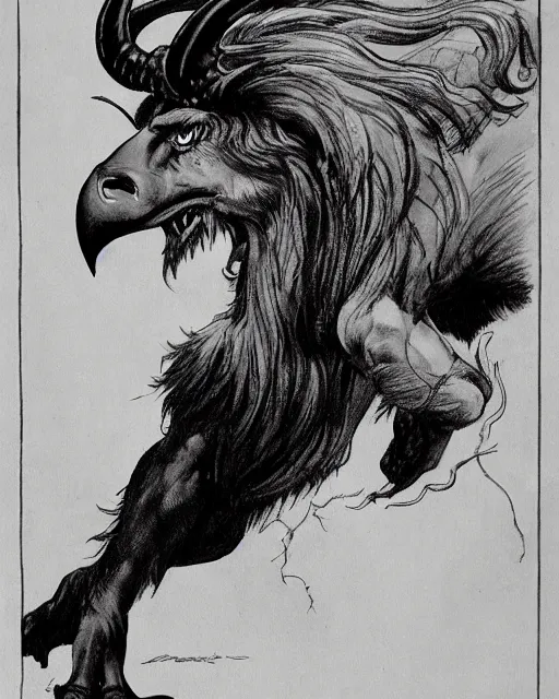 Image similar to a creature with the body and eyes of a man, with the beak of an eagle, the mane of a lion, and the horns of an ox. drawn by frank frazetta