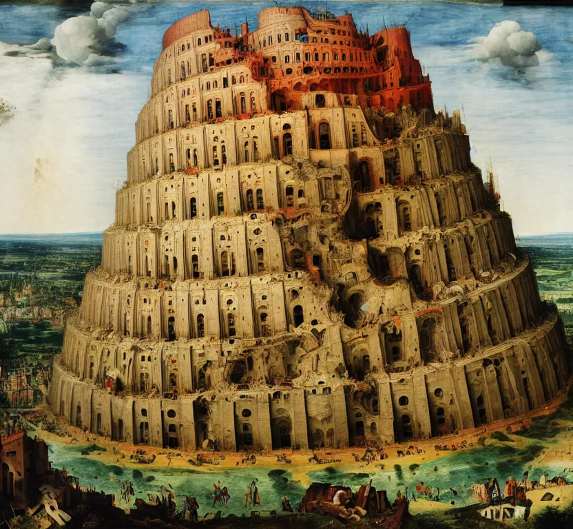 Prompt: the tower of babel after it collapses into rubble, hit by an explosion, by pieter breugel the elder