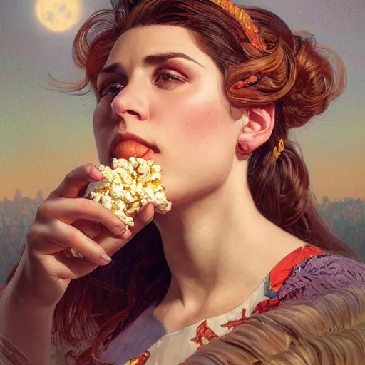 Prompt: Portrait of a box of popcorn, moon in the background, intricate, elegant, highly detailed, digital painting, artstation, concept art, smooth, sharp focus, illustration, art by artgerm and greg rutkowski and alphonse mucha