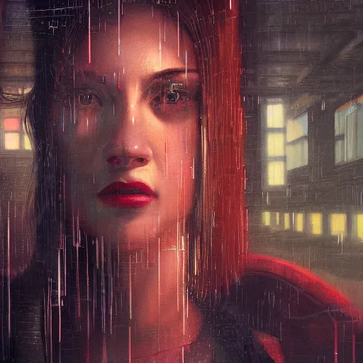 Prompt: detailed face of a woman, moment, cyberpunk cloisters, electronic billboards, tech noir, wet reflections, atmospheric, ambient, pj crook, livia prima, greg rutkowski, edward hopper