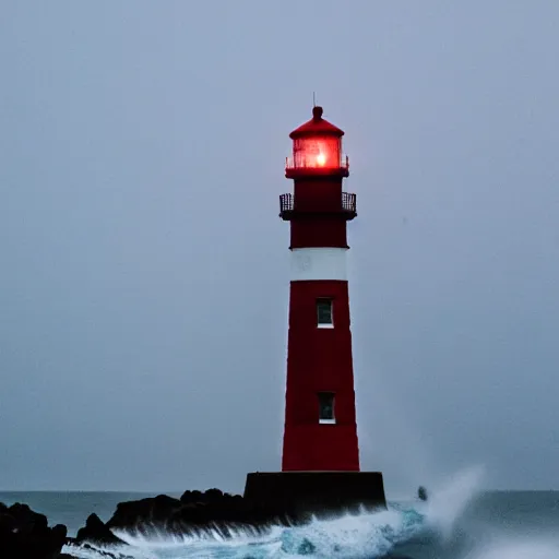 Image similar to close up of light house on cliffs at night with rough seas and high waves, stormy unreal 5