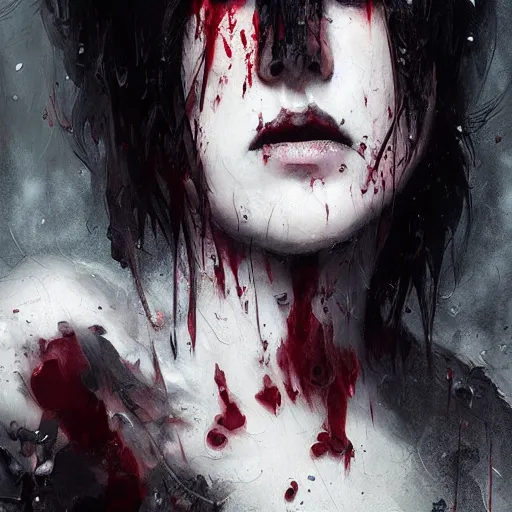 Image similar to goth girl crying blood, intricate, art by greg rutkowski, high detailed, 4 k,