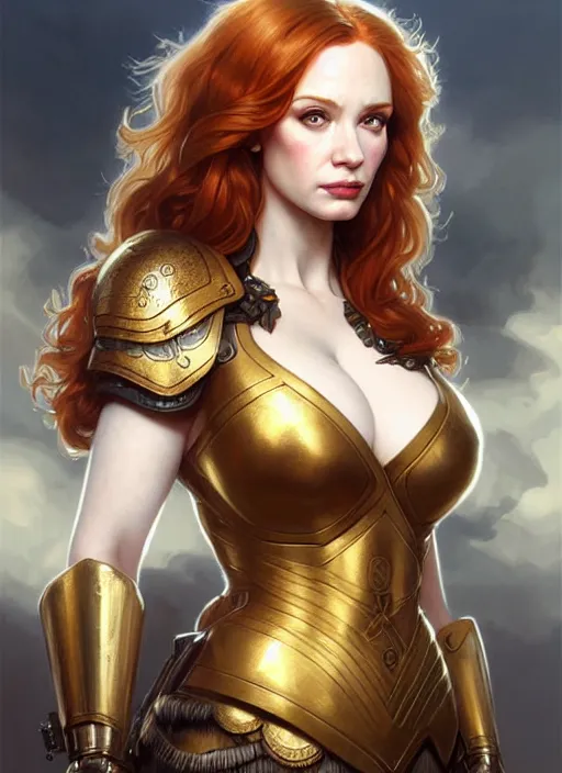 Image similar to valkyrie portrait of christina hendricks, beautiful face, highly detailed face!!!, extremely detailed!, digital painting, unreal engine 5, art by artgerm and greg rutkowski and alphonse mucha