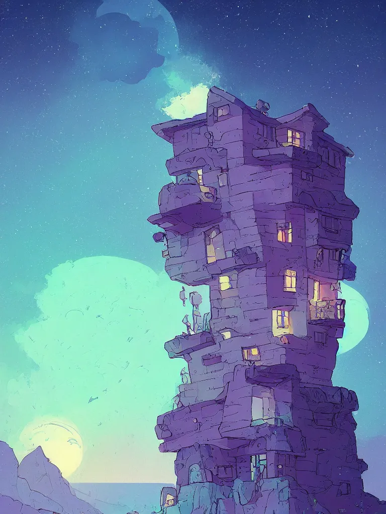 Image similar to a digital art of a small house on the cliff, a huge icy blue moon, a purple sky full of small stars, by laurie greasley, artstation, studio ghibli color scheme, light effect, highly detailed, by anton fadeev