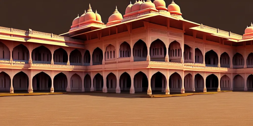 Image similar to a 3 d concept art of an indian palace by oliver beck, hyper realism, extremely detailed, atmospheric