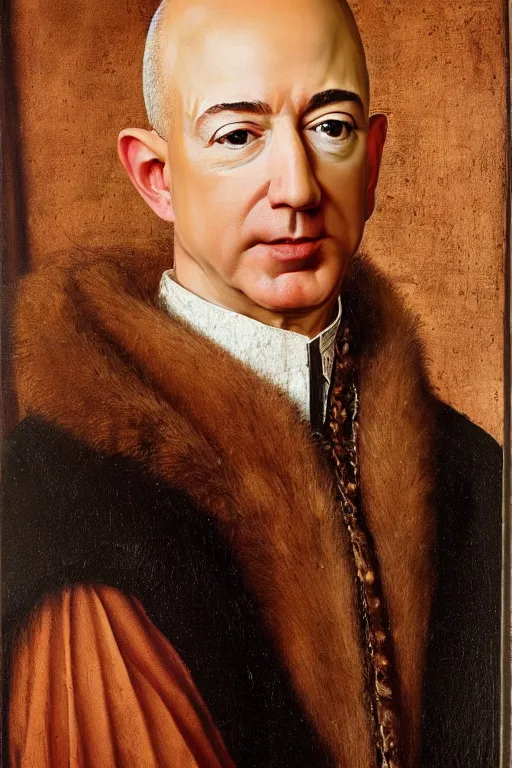 Image similar to portrait of jeff bezos!!! oil painting by jan van eyck, northern renaissance art, oil on canvas, wet - on - wet technique, realistic, expressive emotions, intricate textures, illusionistic detail