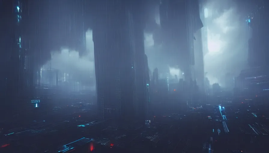 Image similar to man in sky falling through clouds over a dark cyberpunk city, digital art, volumetric lighting, dystopia, artstation, concept art, painting