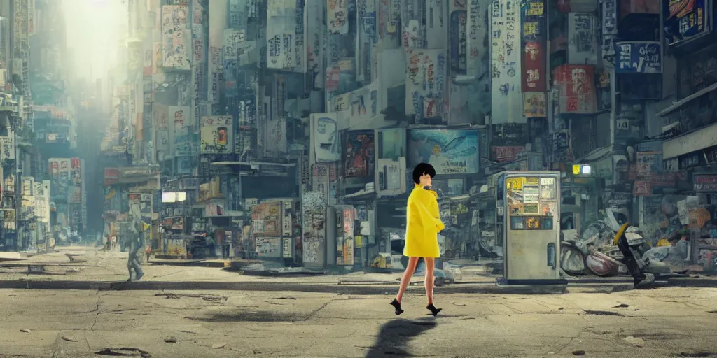 Image similar to incredible wide screenshot, ultrawide, simple watercolor, rough paper texture, ghost in the shell movie scene, backlit distant shot of girl in a parka running from a giant robot invasion side view, yellow parasol in deserted dusty shinjuku junk town, broken vending machines