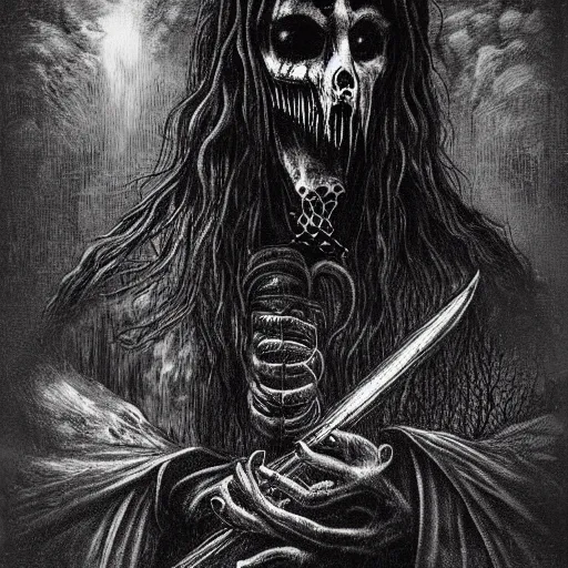 Image similar to black metal logo for the band called Viktor Orban, creepy atmosphere, dark, portrait, realistic, very realistic, illustration by Gustave Doré