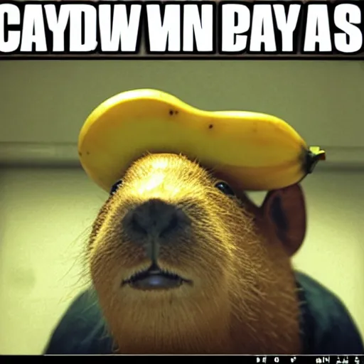 Prompt: capybara with a banana on top of its head. max payne game