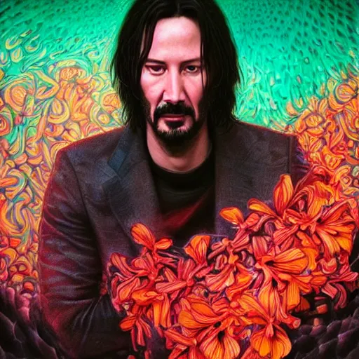 Image similar to portrait of keanu reeves, hyper detailed masterpiece, neon floral pattern, jean giraud, digital art painting, darkwave goth aesthetic, psychedelic, artgerm, donato giancola and tom bagshaw