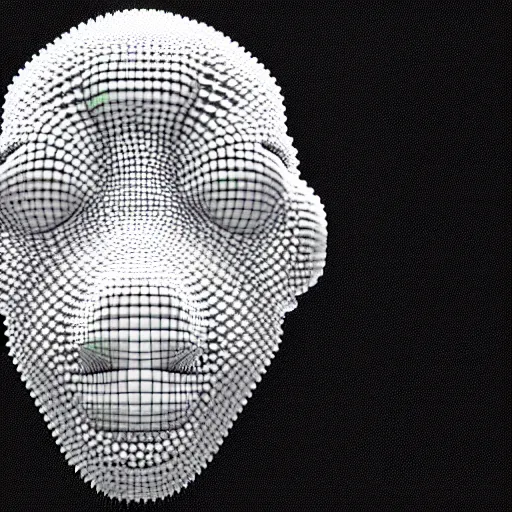 Image similar to a 3 d render of a white robot head structure made of hundreds of tiny white spheres, highly detailed, vfx, plain white background, trending on artstation