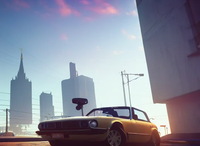 Image similar to gta in moscow, playstation 5 screenshot, symmetrical, mega details, golden hour, fog, beautiful rtx reflections, brutalism buildings, photorealistic, unreal engine 5, octane render, volumetric light, cg society, 4 k, bokeh, lada car, artstation