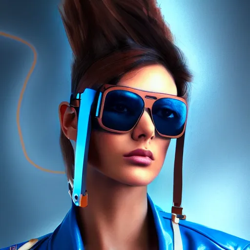 Prompt: closeup painting of a very beautiful young mexican cyberpunk woman, wearing light blue shutter shades and a dark brown leather jacket, one side haircut, long brown hair with light blue ends, portrait, hyperdetailed, artstation, cgsociety, 8 k, synthwave by tangerine dream