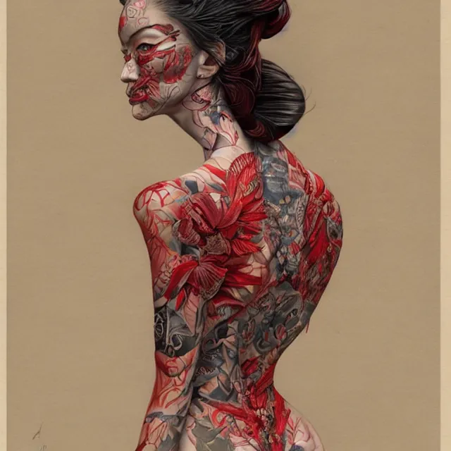 Image similar to ultra realistic illustration, beautiful woman dressed in red kimono, backview, tattoos, in the style of gerald brom by weta digital and beth cavener, high face symmetry, intricate, masterpiece, award winning, high face symmetry, intricate