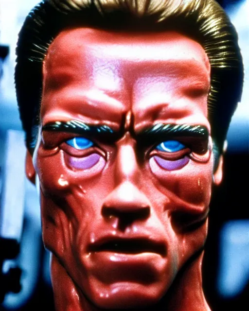 Prompt: arnold schwarzenegger as a damaged t - 1 0 0 terminator, one red robotic eye, photo