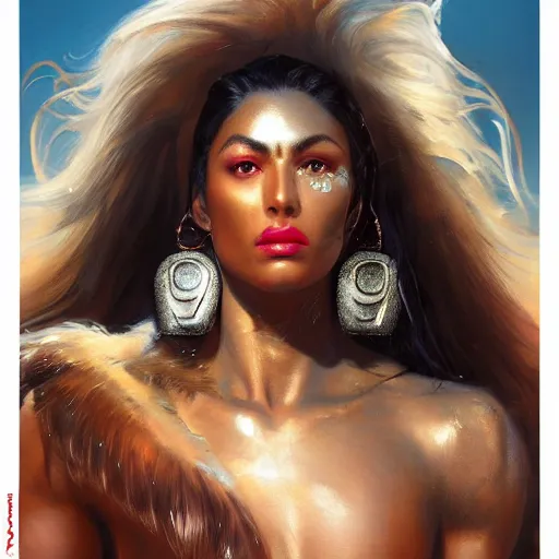 Image similar to detailed oil portrait of tall hyper - muscular shining bronze - skinned warrior woman with silver eyes, full body, with long wavy flowing black hair and big gold earrings, jewelry, red lipstick, makeup, feminine, volumetric lighting, dynamic composition, art by boris vallejo and sachin teng and sergey kolesov and ruan jia and heng z, scifi, concept art