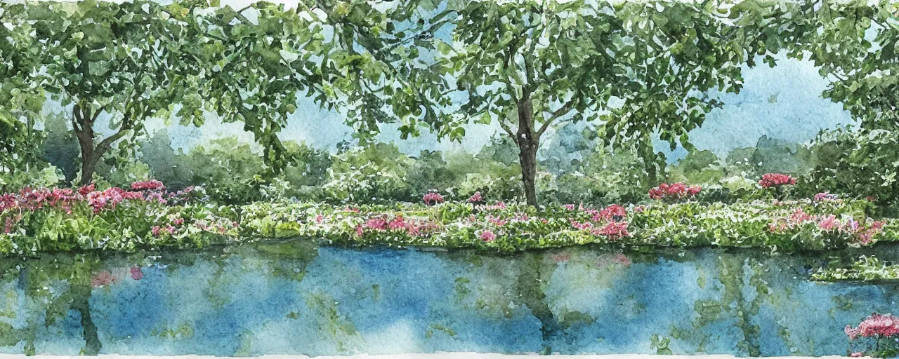 Prompt: isomeric view, delicate lake in a botanic garden, stony road, on a botanical herbarium paper, watercolor colored painting, iridescent colors, 8 k, realistic shaded, fine details, artstation, italian style, colonnade, vines, flowers, gardena architecture, pompeii