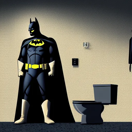 Prompt: low - angle shot of batman sitting on a toilet, dirty tiles in the wall, claustrophobic room, digital art, dramatic lights, realistic, very very detailed, 4 k, dark colours