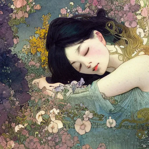 Image similar to a beautiful intricate watercolor illustration of a sleeping cute girl, 4 k, ultra - wide angle, by william turner, by victo ngai, by alphonse mucha, by miho hirano, by ellen jewett, hd, trending on artstation, hyper detailed, muted colors