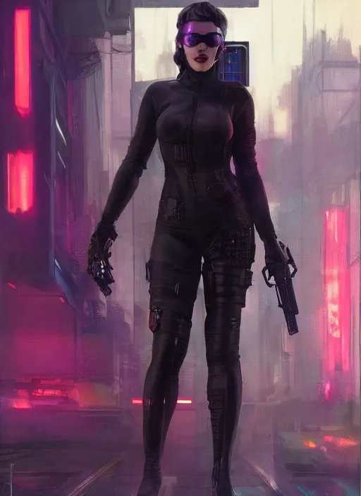 Prompt: Modern Marilyn Monroe. Cyberpunk assassin in tactical gear. blade runner 2049 concept painting. Epic painting by James Gurney, Azamat Khairov, and Alphonso Mucha. ArtstationHQ. painting with Vivid color. (rb6s, Cyberpunk 2077)