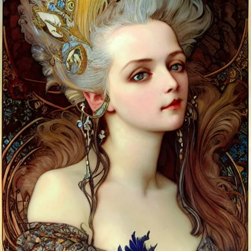 Prompt: realistic detailed face portrait of Marie Antoinette with peacock feathers in her hair by Alphonse Mucha, Ayami Kojima, Amano, Charlie Bowater, Karol Bak, Greg Hildebrandt, Jean Delville, and Mark Brooks, Art Nouveau, Neo-Gothic, gothic, rich deep moody colors