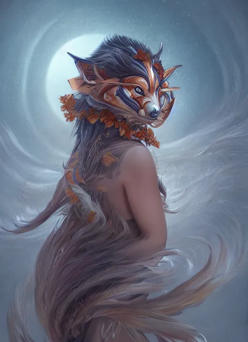 Image similar to a beautiful detailed oil on copper art illustration of a japanese kitsune mask woman, centered, by charlie bowater, zeng fanzh, trending on artstation, dim dusk lighting, cinematic lighting, detailed lighting, volumetric lighting, realistic, f 8, 4 k hd wallpaper