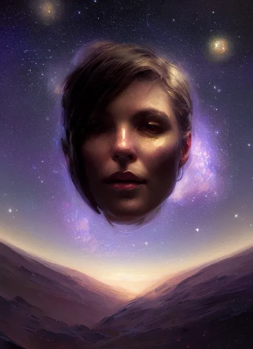 Image similar to an giant face in space, stars, glowing, space, dark, beautiful, fine details. night setting. realistic shaded lighting poster by craig mullism, artgerm, jeremy lipkin and michael garmash, unreal engine, radiant light, detailed and intricate environment, digital art, trending on art station,