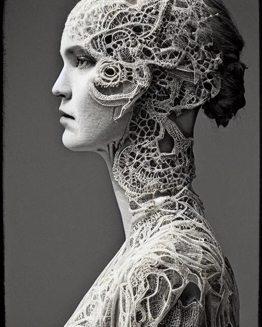 Image similar to a woman's face in profile, made of intricate lace skeleton, in the style of the dutch masters and gregory crewdson, dark and moody