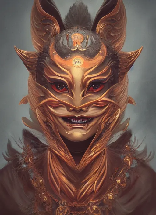 Prompt: a beautiful detailed oil on copper art illustration of a japanese kitsune samurai mask devil woman, centered, by charlie bowater, zeng fanzh, trending on artstation, dim dusk lighting, cinematic lighting, detailed lighting, volumetric lighting, realistic, f 8, 4 k hd wallpaper