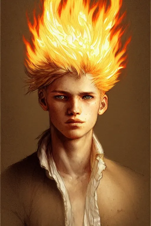 Image similar to character art by jean - baptiste monge, young man, blonde hair, on fire, fire powers