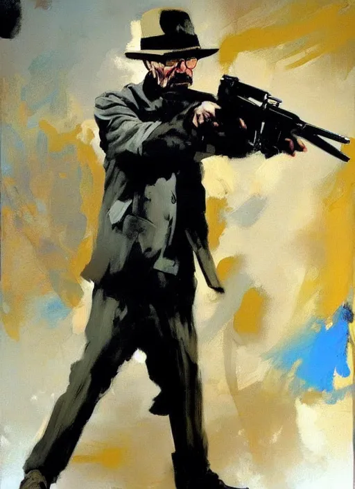 Image similar to walter white holding gun, painting by phil hale, francisco goya,'action lines '!!!, graphic style, visible brushstrokes, motion blur, blurry