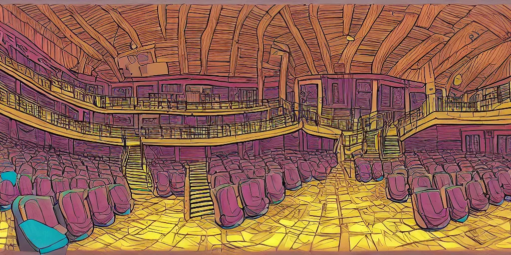 Image similar to a dimly lit, theater hall, 3 doors, 1 staircase, day of the tentacle style, drawn by Peter Chan, fish eye