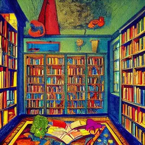 Prompt: an imagination machine bursting with colours, inside a wizards room, books are on shelves, machine parts litter the floor, in the style of an old painting