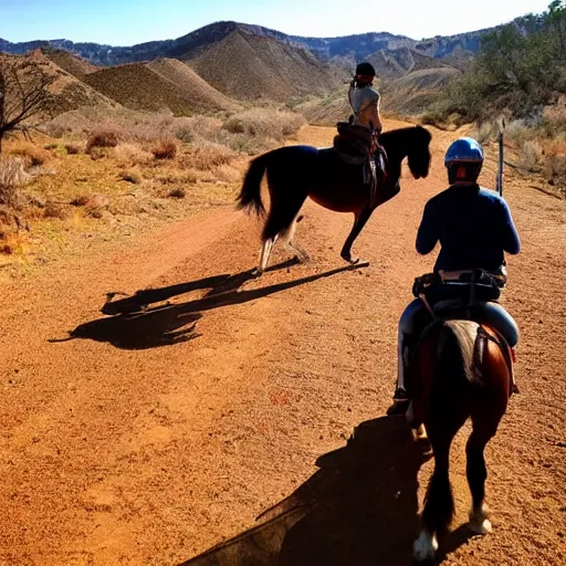 Image similar to horse spirit with lucky on his back riding next to a canyon riding into the sunset