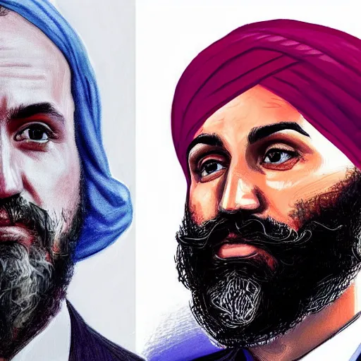 Prompt: Justin Trudeau next to Jagmeet Singh, pictured in the american gothic painting, concept art, sharp focus, highly detailed digital painting by Grant Wood, artstation