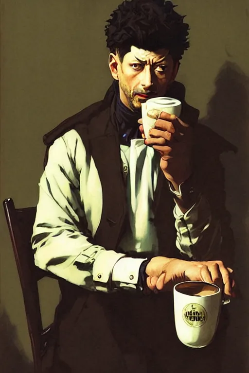 Image similar to attractive 2 1 savage drinking coffee, painting by j. c. leyendecker, yoji shinkawa, katayama bokuyo