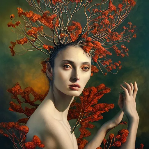 Prompt: unique non-conventionally beautiful nature goddess, ornamental plants, leaves, fruits, and branches, surreal composition, intricate, elegant, sensual, moody, etheric, dramatic lighting, emotionally evoking symbolic metaphor, highly detailed, painterly, digital painting, artstation, concept art, smooth, face in focus, sharp focus, art by Ernst Fuchs and John Collier and Krenz Cushart and Artem Demura and Alphonse Mucha and Albert Aublet