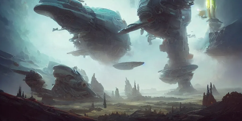 Prompt: giant spaceship lift off from earth, smoke, full of details, dark sci-fi, matte painting, style of peter mohrbacher