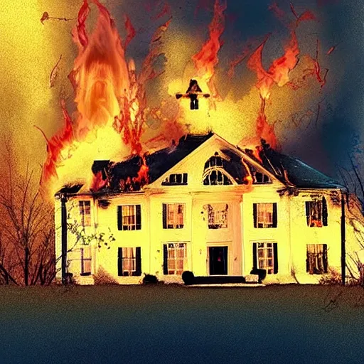 Image similar to “White mansion engulfed in flames, digital art.”